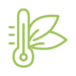 Green line icon of a thermometer and leaves, representing climate control or temperature regulation for plants.