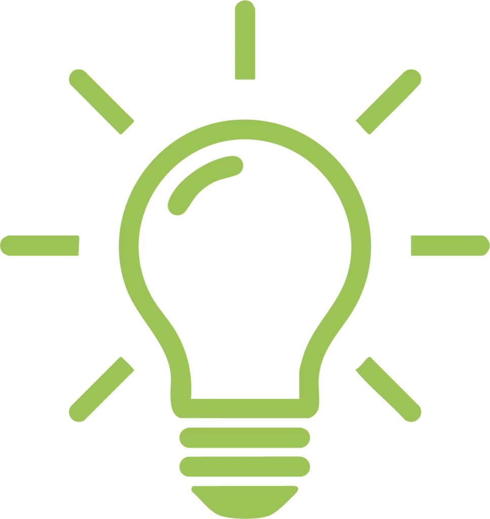 Green icon of a light bulb with light rays, symbolizing an idea, innovation, or lighting.