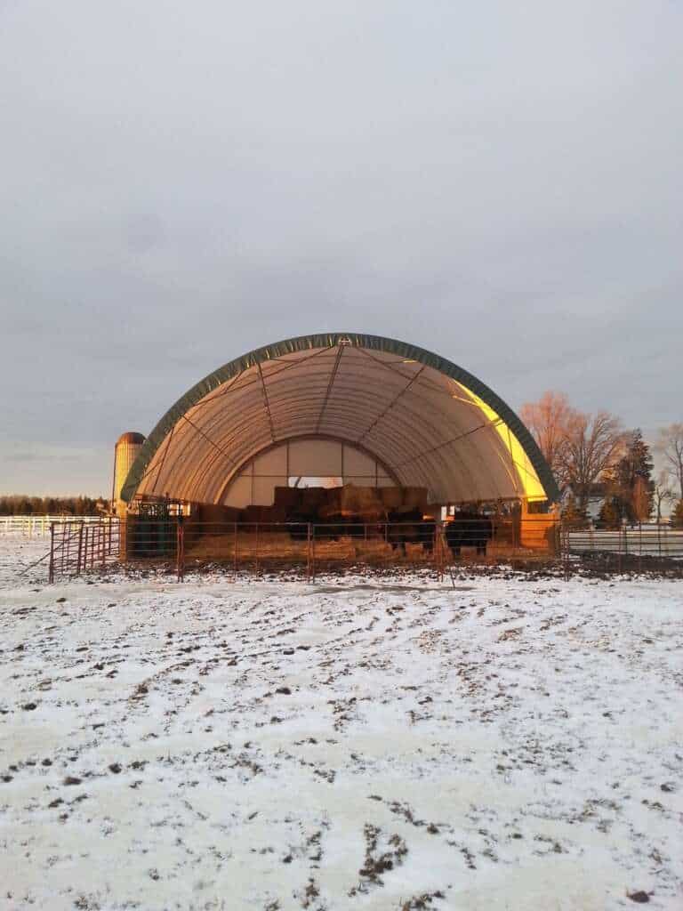 outside view of a fabric covered dome int he snow