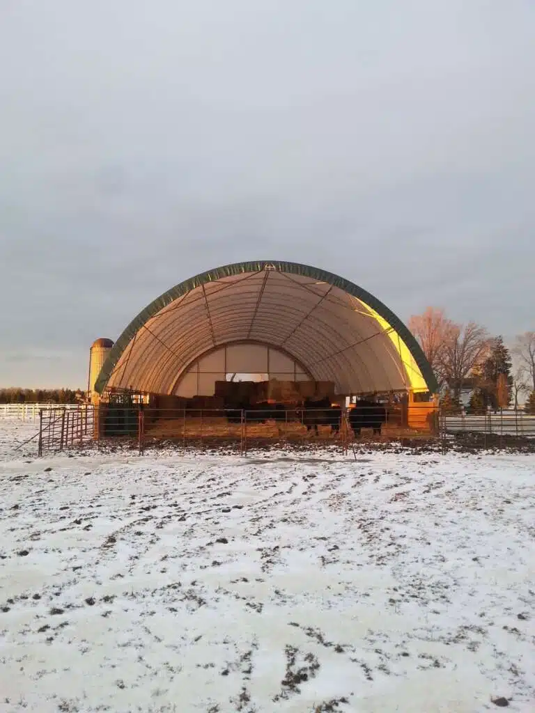 outside view of a fabric covered dome int he snow