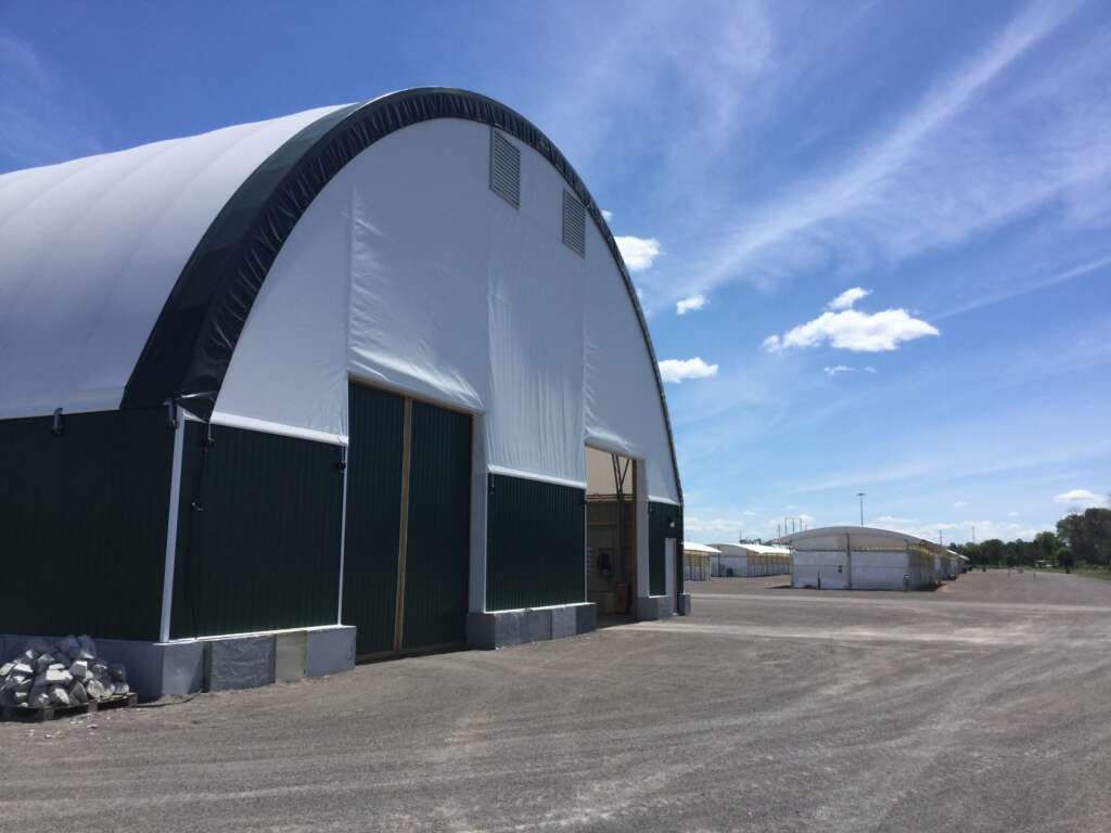 Outside view of a temporary medical facility fabric covered strucure dome